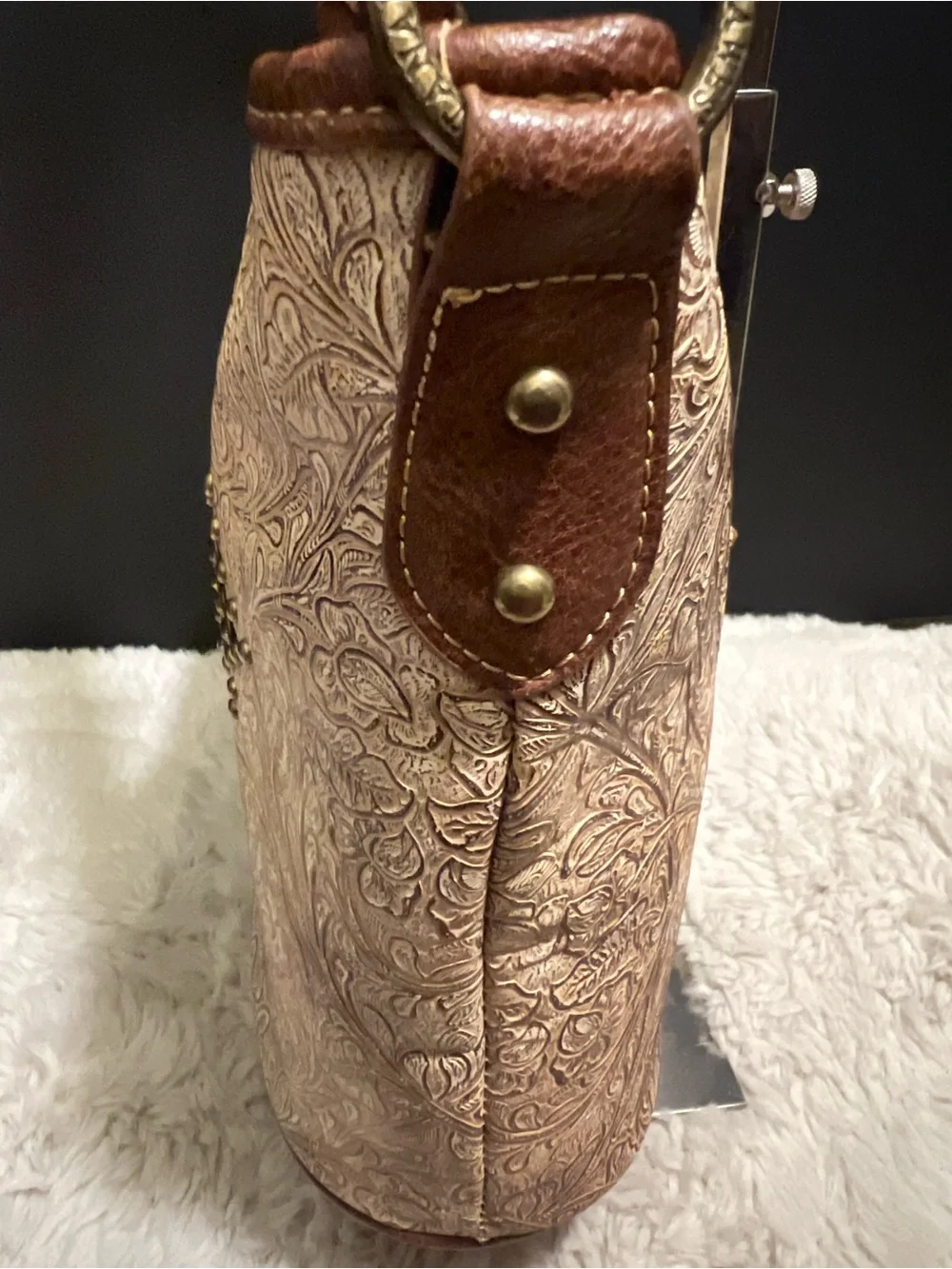 Montana West Tan and Cream Floral Embossed Western Shoulder Bag with Stud Cross